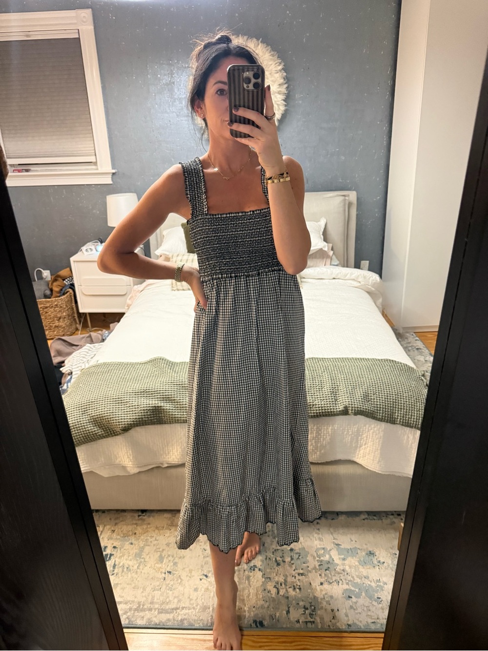 Rails Black and White Gingham Smocked Midi Dress